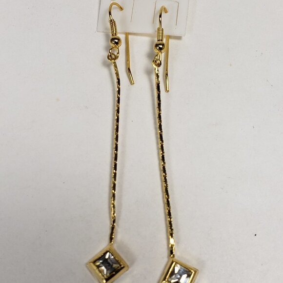 Gold tone Geometric Crystal Long Drop Earrings – Elegant Sparkle Dangle Jewelry - Picture 11 of 11